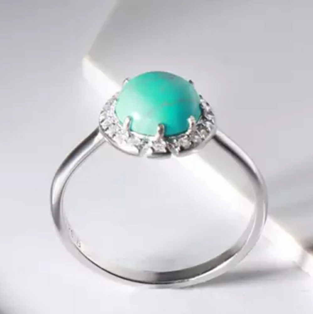 Silver Round Turquoise Diamond Fancy Halo Ring - Picture 5 of 6